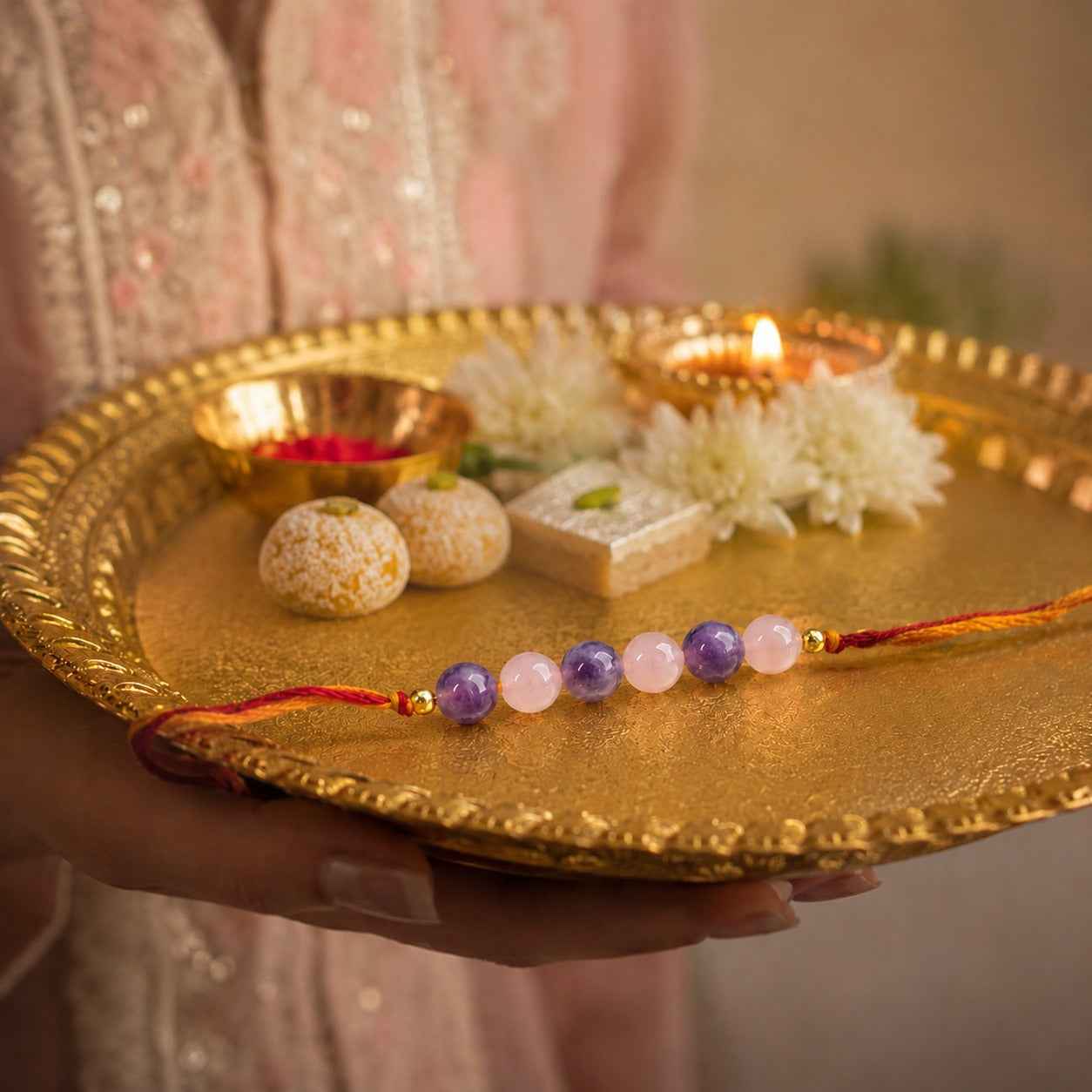 Aeora Rocks Peace & Love Rakhi | Amethyst & Rose Quartz Rakhi for Brother | Handmade Crystal Rakhi | Raksha Bandhan Gift | Love, Harmony & Calm