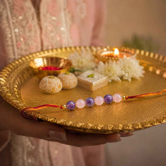 Aeora Rocks Peace & Love Rakhi | Amethyst & Rose Quartz Rakhi for Brother | Handmade Crystal Rakhi | Raksha Bandhan Gift | Love, Harmony & Calm