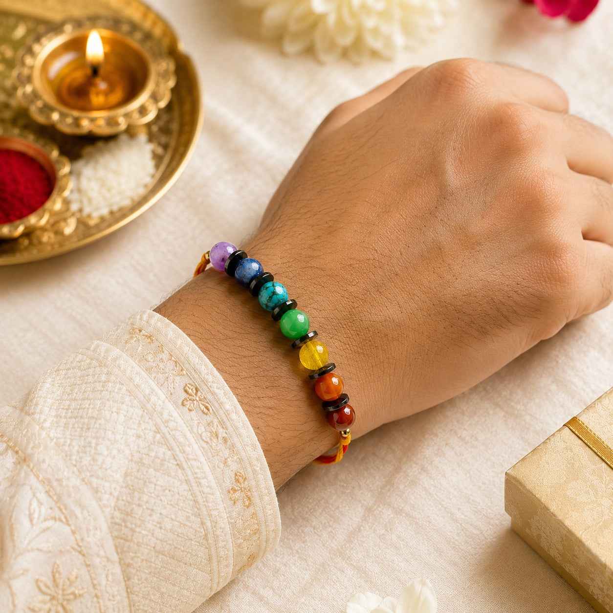 Aeora Rocks Seven Chakra Rakhi – Natural 7 Chakra Crystal Rakhi Bracelet for Balance, Positivity & Protection | Spiritual Raksha Bandhan Gift for Brother