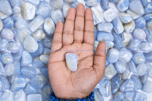 Blue Lace Agate Tumbled Stone in Hand