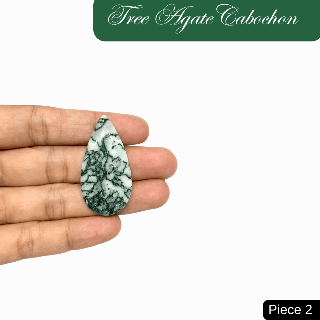 Hand holding a teardrop-shaped Tree Agate cabochon with green and white marbled patterns, promoting inner peace and emotional balance.