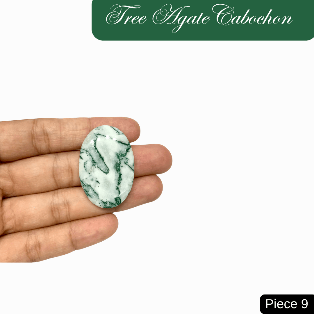 Hand holding a Tree Agate Cabochon with soothing green and white patterns, symbolizing inner peace and connection to nature.