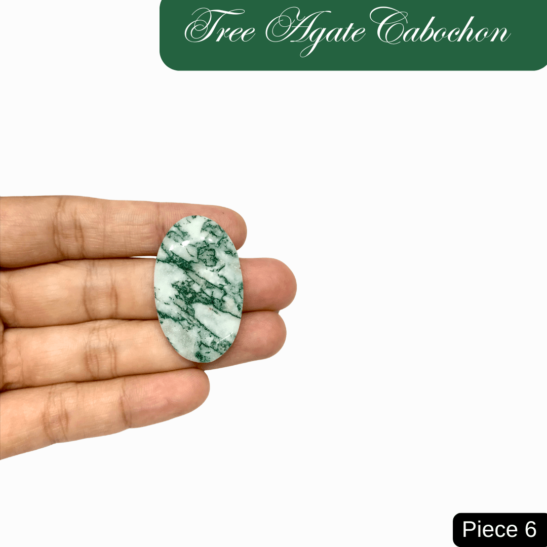 Holding a Tree Agate cabochon with green and white marbled patterns, symbolizing inner peace and connection to nature.