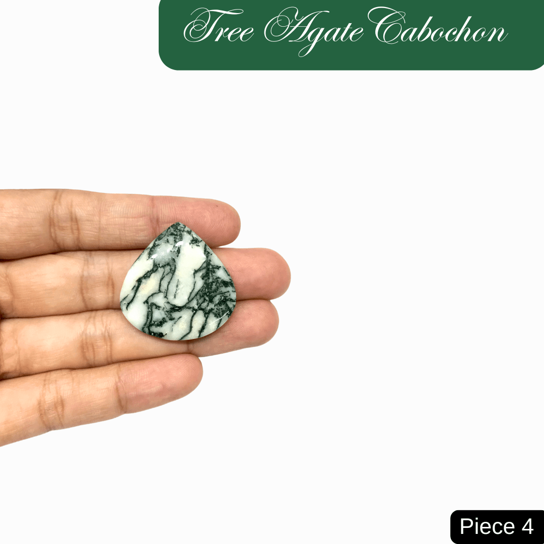 Hand holding Tree Agate cabochon with green and white patterns, promoting inner peace, stability, and connection to nature.